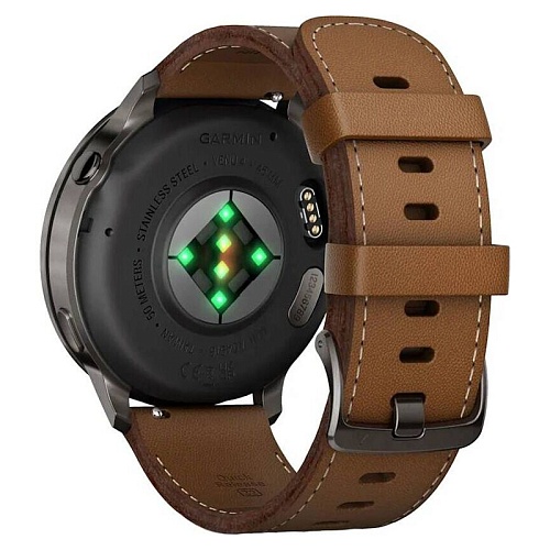 Спортивные часы Garmin Venu 4, 45 мм, корпус графитовый, коричневый кожаный ремешок