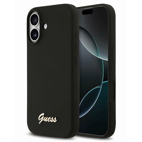 Чехол iPhone 17 Guess Liquid silicone Gold metal logo Hard Black MagSafe, черный