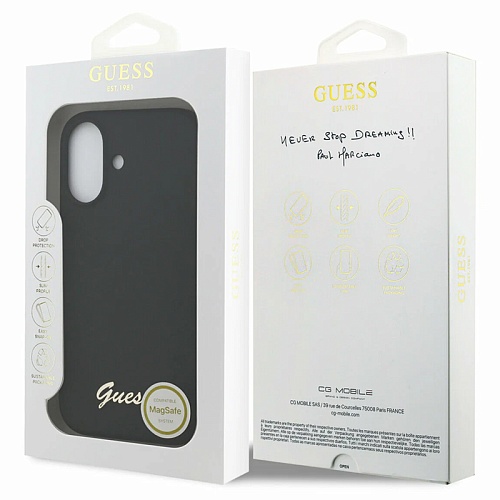 Чехол iPhone 17 Guess Liquid silicone Gold metal logo Hard Black MagSafe, черный