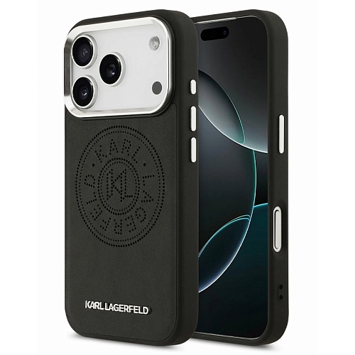 Чехол iPhone 17 Pro Max Lagerfeld PU Perforated Round logo Metal camera Hard Black MagSafe, черный