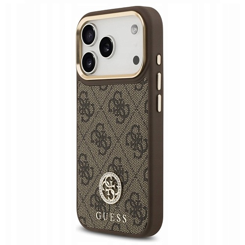 Чехол iPhone 17 Pro Guess PU 4G Diamond metal logo Gold camera Hard Brown MagSafe, коричневый