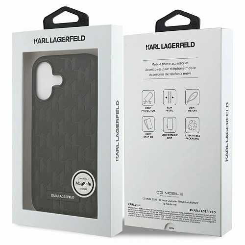Чехол iPhone 17 Lagerfeld PU Saffiano Monogram Metal Plate logo Hard Black MagSafe, черный