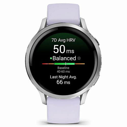 Спортивные часы Garmin Venu 4, 41 мм, корпус серебристый, силиконовый сиреневый ремешок