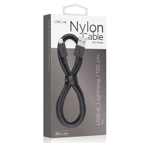 Дата-кабель "vlp" Nylon Cable USB A - Lightning MFI, 1.2м, черный