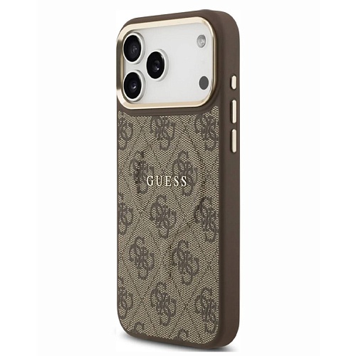 Чехол iPhone 17 Pro Max Guess PU 4G Classic metal logo Gold camera Hard Brown MagSafe, коричневый
