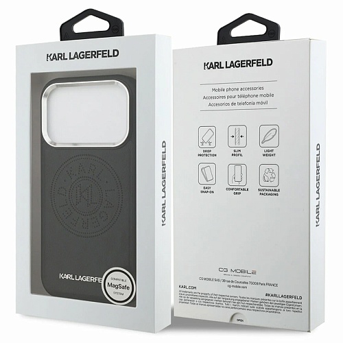 Чехол iPhone 17 Pro Max Lagerfeld PU Perforated Round logo Metal camera Hard Black MagSafe, черный