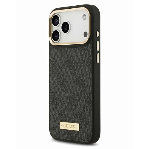 Чехол iPhone 17 Pro Guess PU 4G Plate metal logo and Gold camera Hard Black MagSafe, черный