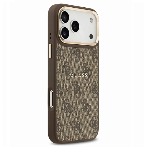 Чехол iPhone 17 Pro Guess PU 4G Classic metal logo Gold camera Hard Brown MagSafe, коричневый