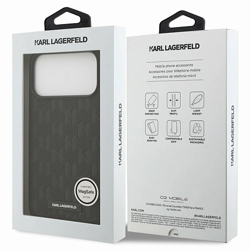 Чехол iPhone 17 Pro Max Lagerfeld PU Saffiano Monogram Metal Plate logo Hard Black MagSafe, черный