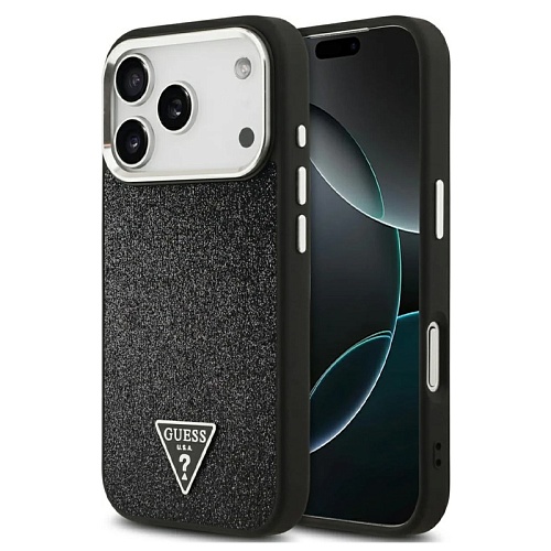 Чехол iPhone 17 Pro Max Guess Fixed Glitters Tringle metal logo & Camera Hard Black MagSafe, черный