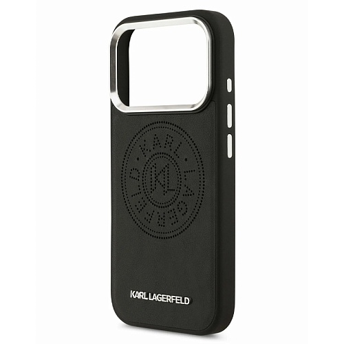Чехол iPhone 17 Pro Max Lagerfeld PU Perforated Round logo Metal camera Hard Black MagSafe, черный