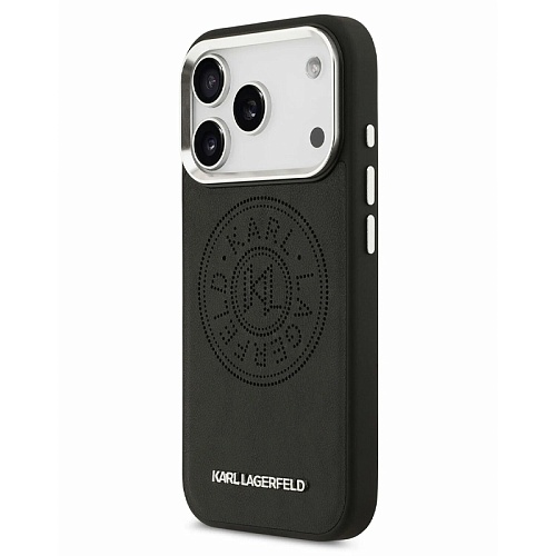 Чехол iPhone 17 Pro Max Lagerfeld PU Perforated Round logo Metal camera Hard Black MagSafe, черный