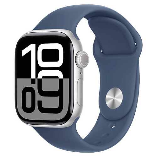 Apple Watch Series 10, 46 мм, алюминий серебристого цвета, спортивный ремешок джинсового цвета