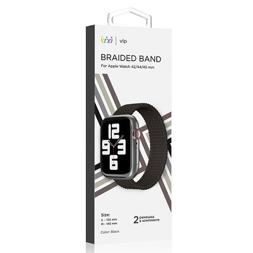 Ремешок нейлоновый плетёный "vlp" для Apple Watch 42/44/45, S/M, 2шт, чёрный