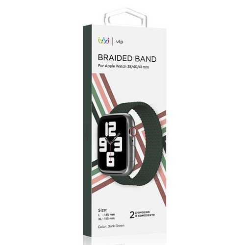 Ремешок нейлоновый плетёный "vlp" для Apple Watch 38/40/41, L/XL, 2шт, тёмно-зелёный