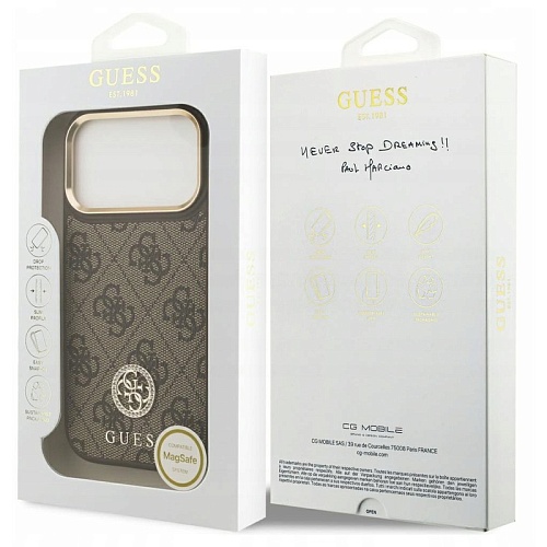 Чехол iPhone 17 Pro Guess PU 4G Diamond metal logo Gold camera Hard Brown MagSafe, коричневый