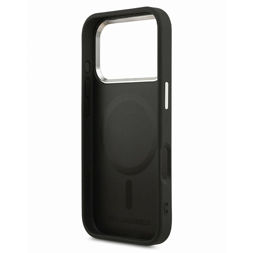 Чехол iPhone 17 Pro Max Lagerfeld PU Perforated Round logo Metal camera Hard Black MagSafe, черный
