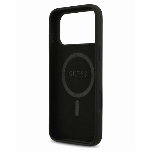 Чехол iPhone 17 Pro Max Guess Liquid silicone Gold metal logo Hard Black MagSafe,черный