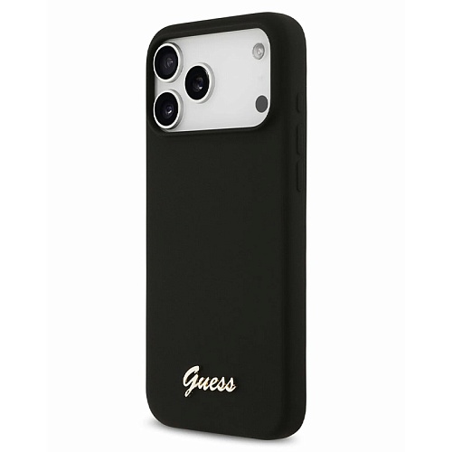 Чехол iPhone 17 Pro Max Guess Liquid silicone Gold metal logo Hard Black MagSafe,черный