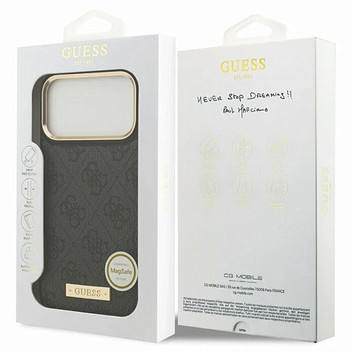 Чехол iPhone 17 Pro Guess PU 4G Plate metal logo and Gold camera Hard Black MagSafe, черный