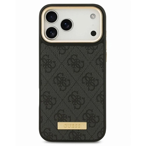 Чехол iPhone 17 Pro Guess PU 4G Plate metal logo and Gold camera Hard Black MagSafe, черный