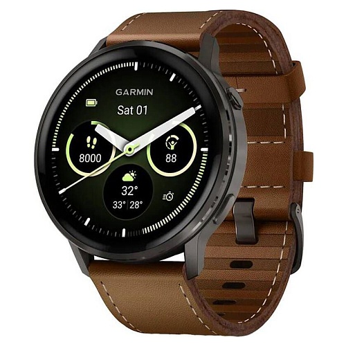 Спортивные часы Garmin Venu 4, 45 мм, корпус графитовый, коричневый кожаный ремешок