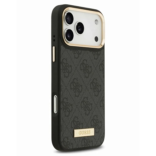 Чехол iPhone 17 Pro Guess PU 4G Plate metal logo and Gold camera Hard Black MagSafe, черный