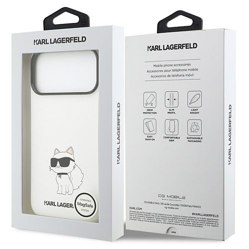 Чехол iPhone 17 Pro Lagerfeld Liquid silicone NFT Choupette Metal Cam Hard White MagSafe, белый