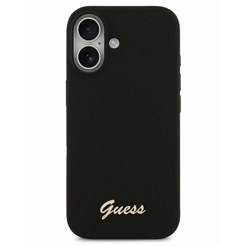 Чехол iPhone 17 Guess Liquid silicone Gold metal logo Hard Black MagSafe, черный