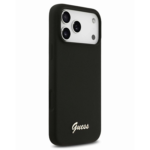 Чехол iPhone 17 Pro Max Guess Liquid silicone Gold metal logo Hard Black MagSafe,черный