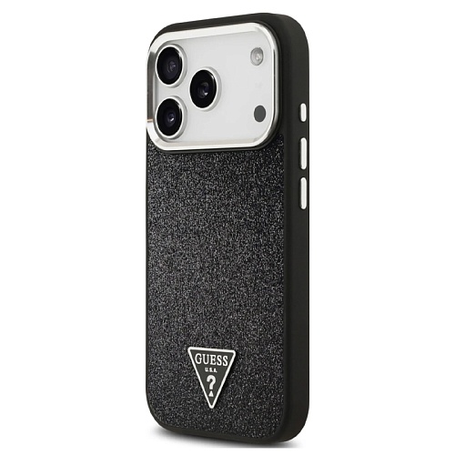 Чехол iPhone 17 Pro Max Guess Fixed Glitters Tringle metal logo & Camera Hard Black MagSafe, черный
