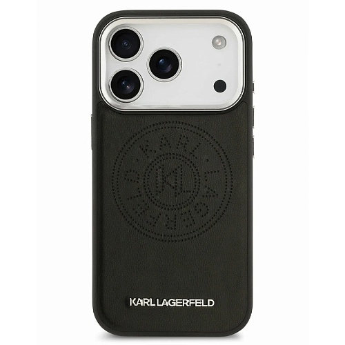 Чехол iPhone 17 Pro Max Lagerfeld PU Perforated Round logo Metal camera Hard Black MagSafe, черный