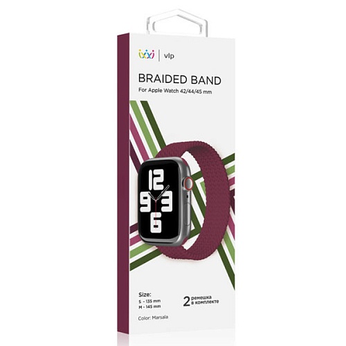Ремешок нейлоновый плетёный "vlp" для Apple Watch 42/44/45, S/M, 2шт, марсала