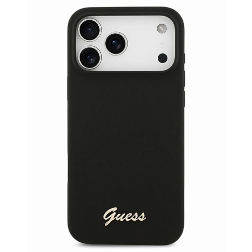 Чехол iPhone 17 Pro Max Guess Liquid silicone Gold metal logo Hard Black MagSafe,черный
