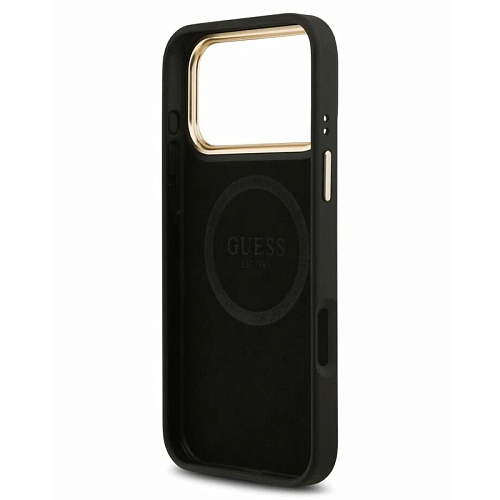Чехол iPhone 17 Pro Guess PU 4G Plate metal logo and Gold camera Hard Black MagSafe, черный