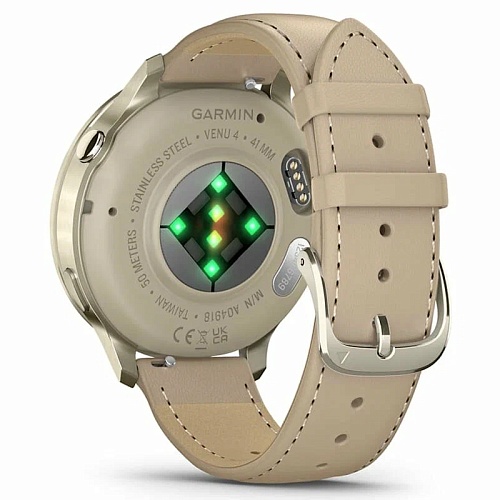 Спортивные часы Garmin Venu 4, 41 мм, корпус лунное золото, светло-песочный кожаный ремешок