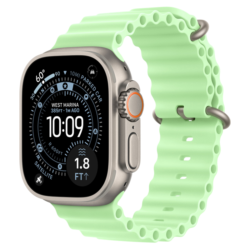 Apple Watch Ultra 3, 49 мм, корпус из натурального титана, Ocean Band неоновый зеленый