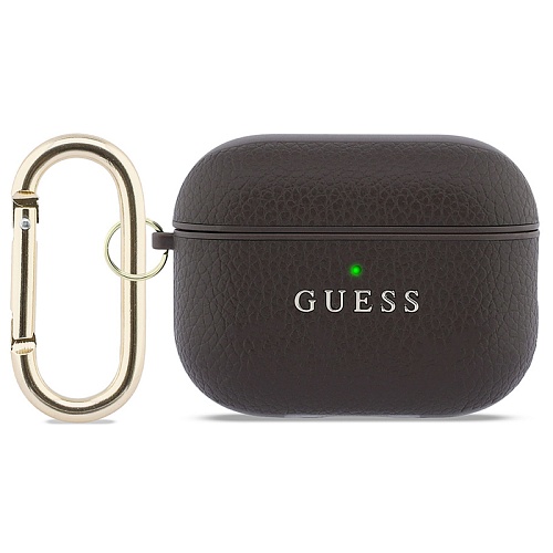 Чехол Airpods Pro 3 Guess PU Grained leather with Classic metal logo and Carabin, коричневый