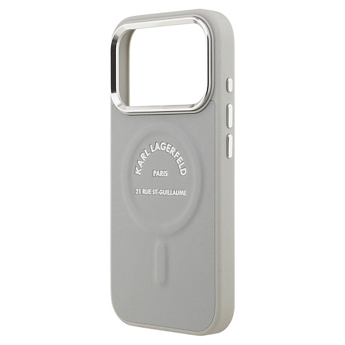 Чехол iPhone 17 Pro Max Lagerfeld PU Smooth leather RSG logo Metal camera MagSafe, серый