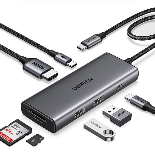 Хаб Ugreen CM498 7в1 USB-C to 2*USB-A 3.2+2*USB-C 3.2+2*HDMI+PD, серый