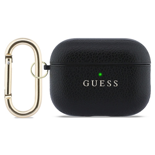 Чехол Airpods Pro 3 Guess PU Grained leather with Classic metal logo and Carabin, черный
