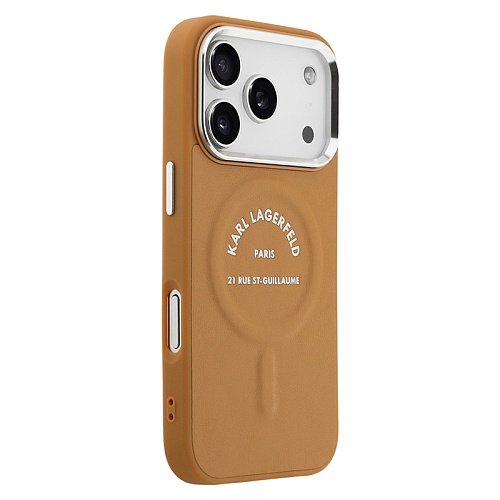 Чехол iPhone 17 Pro Max Lagerfeld PU Smooth leather RSG logo Metal camera MagSafe, коричневый