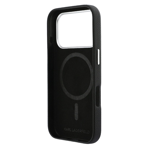 Чехол iPhone 17 Pro Max Lagerfeld PU Saffiano FW NFT Karl&Choup metal&Cam MagSafe, черный