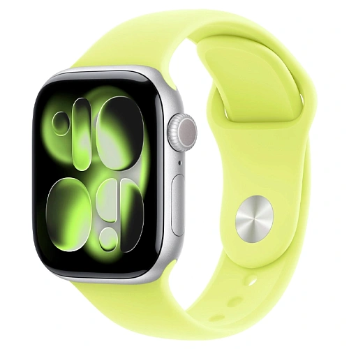 Apple Watch Series 11, 46 мм, корпус алюминий серебристый, Sport Band неоновый желтый