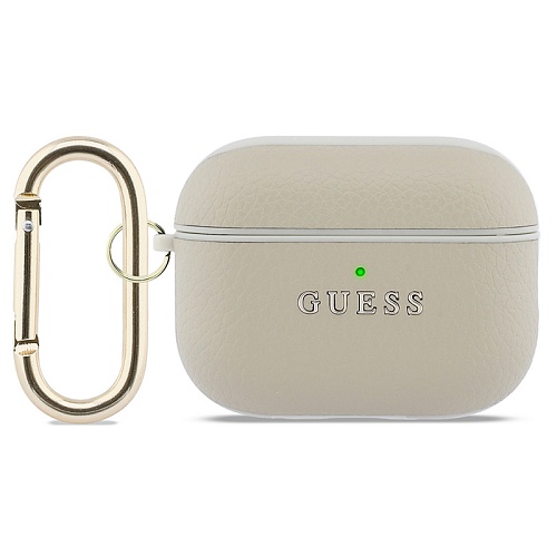 Чехол Airpods Pro 3 Guess PU Grained leather with Classic metal logo and Carabin, кремовый