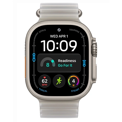 Apple Watch Ultra 4, 49 мм, корпус из натурального титана, Ocean Band полупрозрачный серый