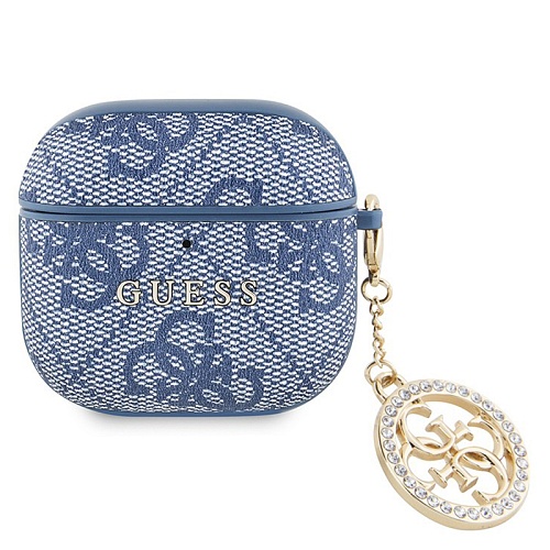 Чехол Airpods 4 Guess PU leather 4G with Classic metal logo and Diamond charm, синий