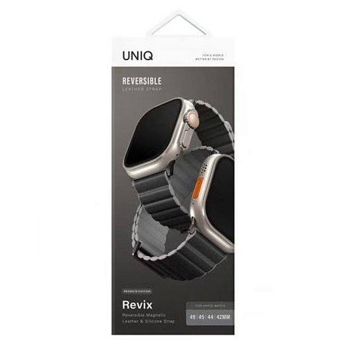 Ремешок Apple Watch 49/45/44/42mm Uniq Revix Premium Ed. Leather/Silicone, угольно-серый