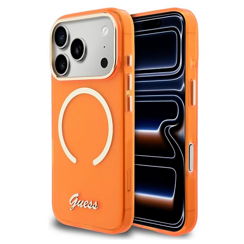 Чехол iPhone 17 Pro Guess IML Script Metal logo and Camera MagSafe, оранжевый