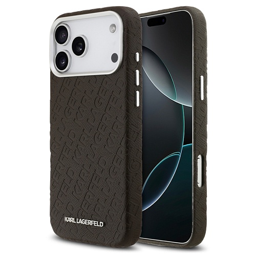 Чехол iPhone 17 Pro Max Lagerfeld PU Full Wrapped Repeated logo Metal Cam Hard, коричневый